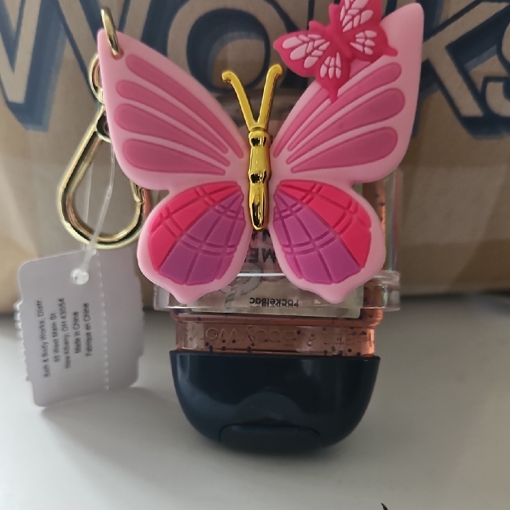 Bath & Body Works Pink Butterfly PocketBac Holder with Gold Accent